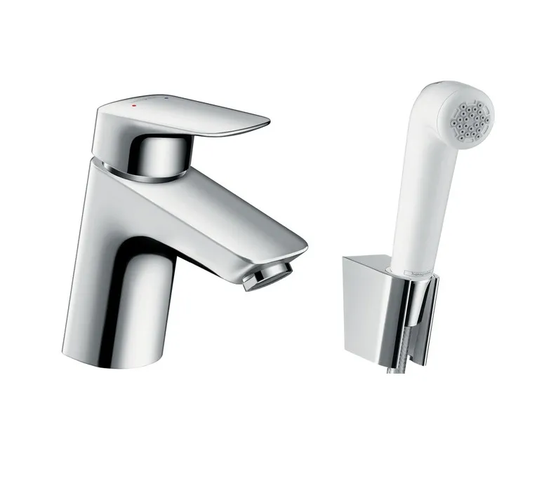 Смеситель для раковины Hansgrohe Logis 70, без сливного гарнитура, с гигиеническим душем, однорычажный, белый/хром (71290000)