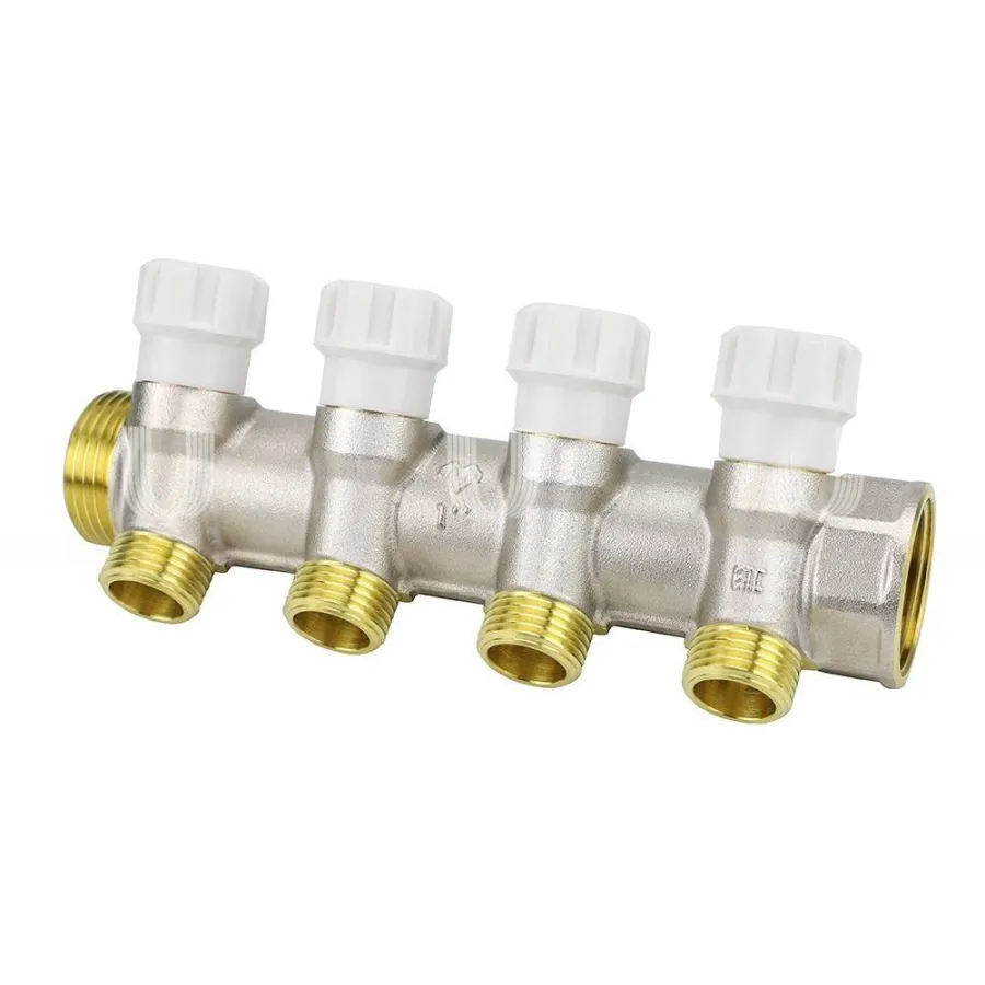 Коллектор с запорным краном латунный VARMEGA VMMM02, 1", на 4 выхода 3/4"ЕК, никелированный
