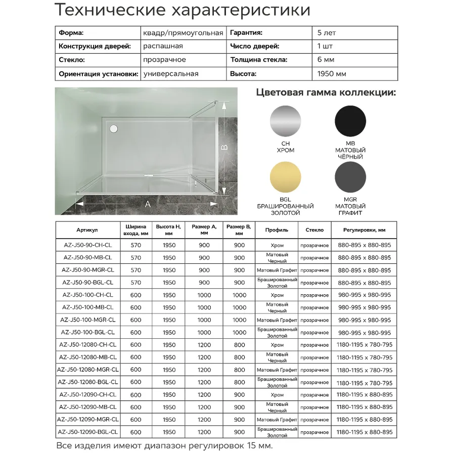 Душевое ограждение Azario Мале 1000х1000х1950 прозрачное стекло 6 мм, профиль графит матовый (AZ-J50-100-MGR-CL)
