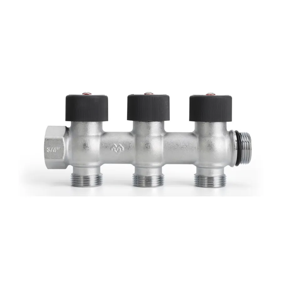 Коллектор с регулировочным клапаном латунный VARMEGA VMMM03, 3/4", на 3 выхода 3/4"ЕК, никель